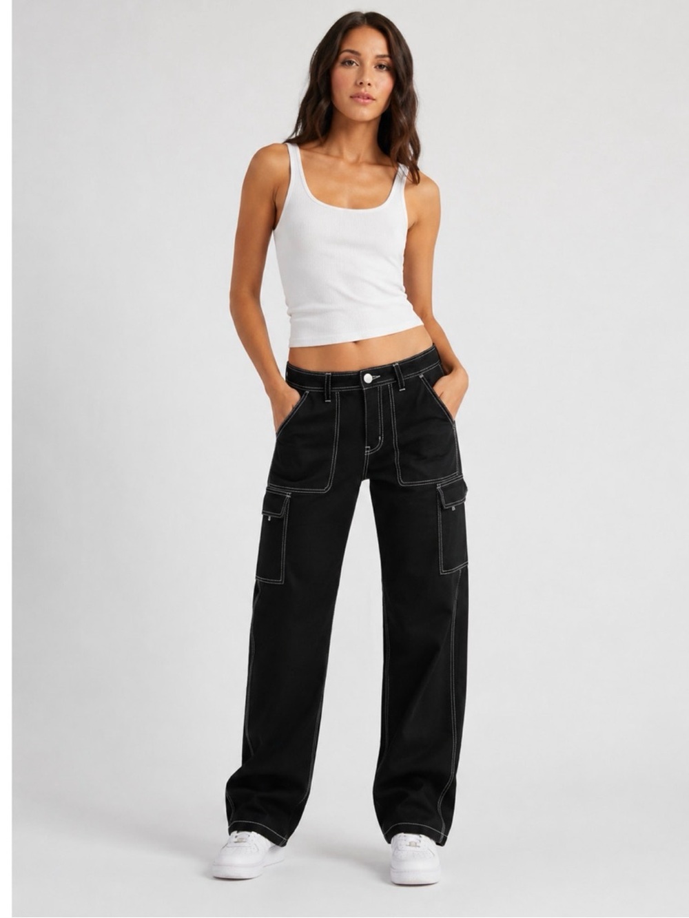 True Religion Black Cargo Pants with White Contrast Stitching